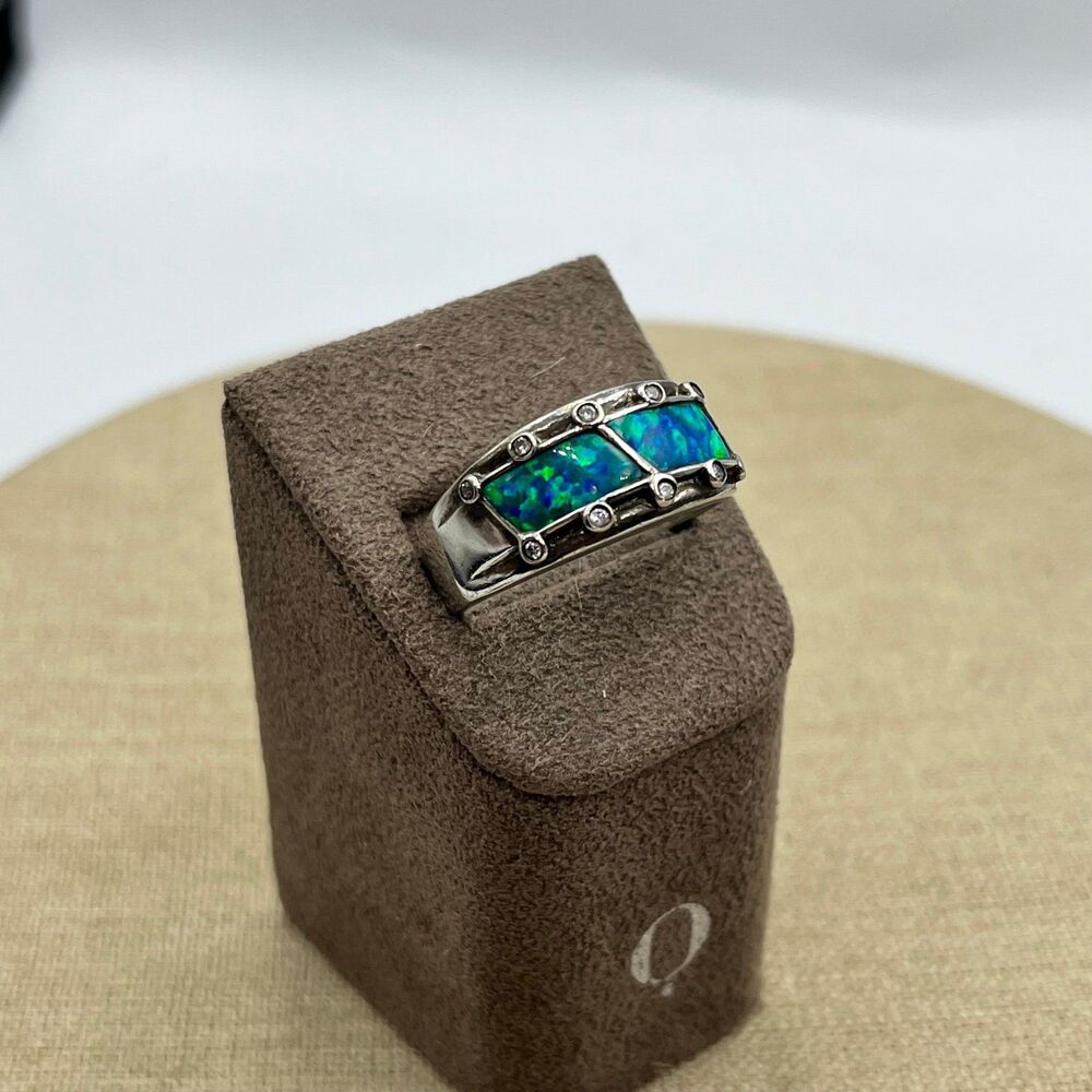 Large Sterling Silver Blue Synthetic Opal Narrow Dome Ring for Women CZ Accent - Picture 2 of 9